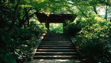 Fototapeta premium Tranquil nature landscape featuring an ancient wooden gate positioned above wide stone stairs, completely surrounded by dense lush green foliage illuminated by beautiful warm summer