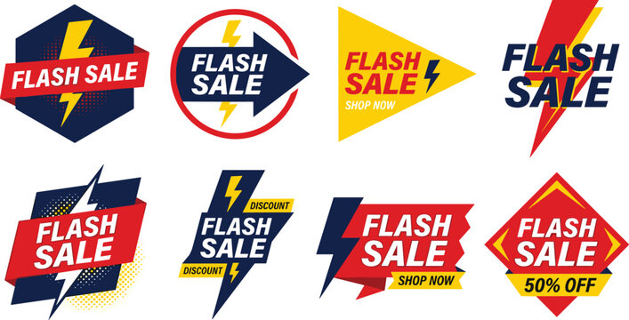 Flash sale banners collection, lightning bolt discount tags for limited time offers, special promotion set.
