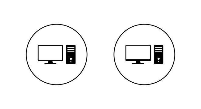 Desktop computer icon in circular outline. Monitor and CPU tower symbol. Workstation and personal computing sign