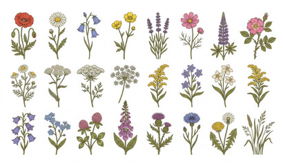 Vintage Field and Meadow Flowers Vector Collection Botanical Wildflower Illustration Isolated on White Background © Mdmasud