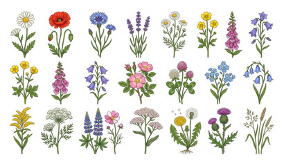 Vintage Botanical Meadow Flower Set Wild Floral Elements Flat Vector Isolated on White Background © Mdmasud