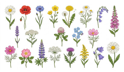 SEO Title: Antique Style Wild Meadow Flowers Botanical Vector Collection for Spring Nature Designs © Mdmasud