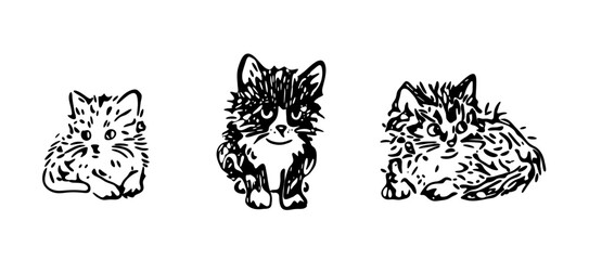 Fototapeta premium Hand Drawn Cute Kitten Sketch Set, Black Ink Cat Doodle Vector Illustration