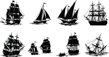 Vintage sailing ships and pirate vessels black silhouette icon set collection isolated on white background © MstRehna