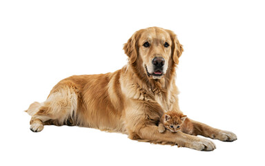 Fototapeta premium Golden retriever dog and orange tabby kitten together isolated on a transparent background