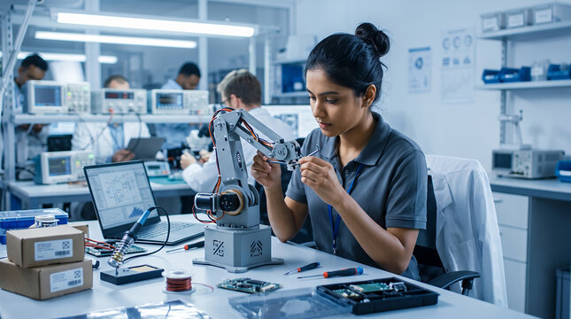 Woman engineer building robotic arm in high tech lab