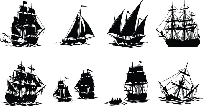 Vintage sailing ships and pirate vessels black silhouette icon set collection isolated on white background