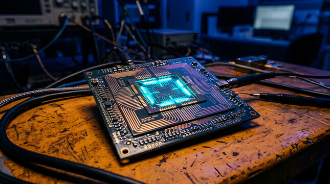 Macro Glowing Teal Quantum Computer Chip with Copper Circuitry on Amber Lab Bench with Indigo Glow