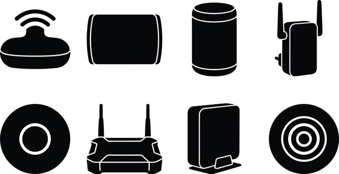 Wireless internet router and smart home network devices silhouette icons set featuring wifi boosters range extenders and modems