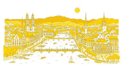 Yellow Zurich Skyline Panorama with River, Bridges, and Mountains © Bris