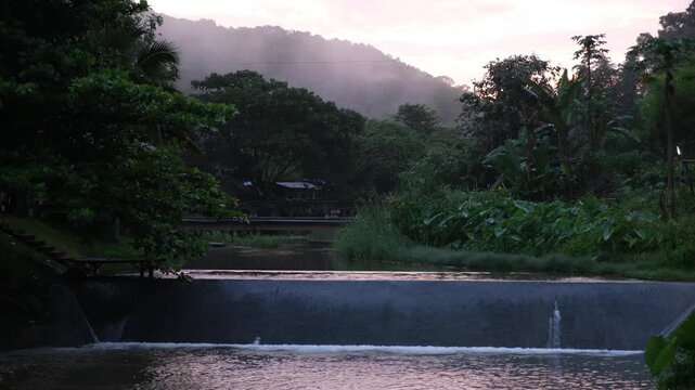 River flowing through the check dam in rural village and forest