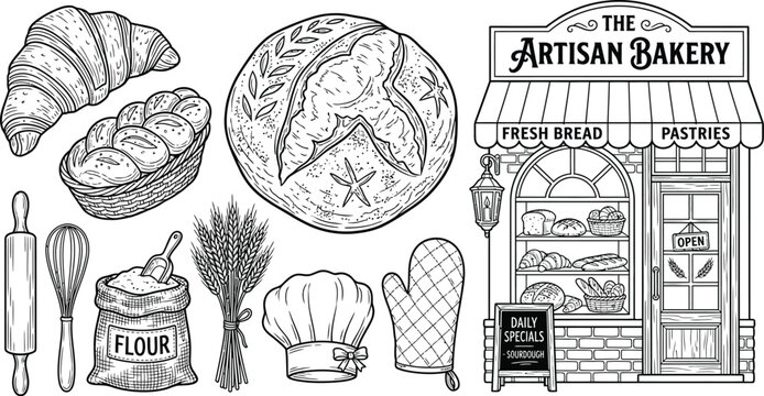 Artisan bakery illustration with various bread types and baking tools on display outside a charming shop