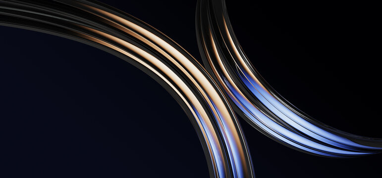 Abstract dark 3d background with liquid glass curve ribbons in gold blue neon gradient render. Elegant fluid lines, holographic translucent waves, futuristic tech and luxury design. 3D illustration