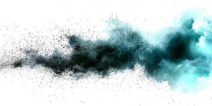 Explosive abstract cloud of turquoise and black powder bursting outwards on a white background, a dynamic chaotic eruption representing energy and transformation