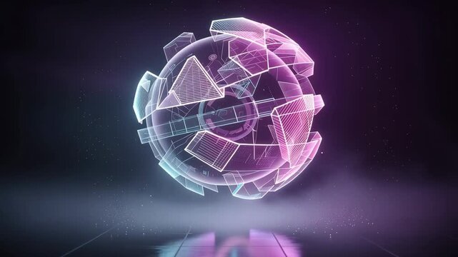 Glowing futuristic orb pulsating and spinning in dark misty sci fi environment with intricate details