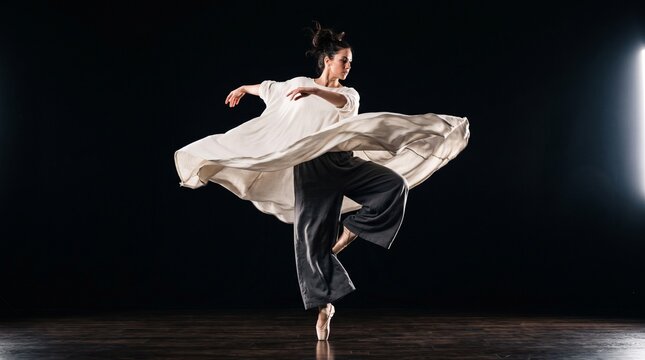 Graceful young female ballet dancer spinning beautifully on pointe shoes, wearing a flowing white top and wide grey pants while performing modern art under cinematic lighting over