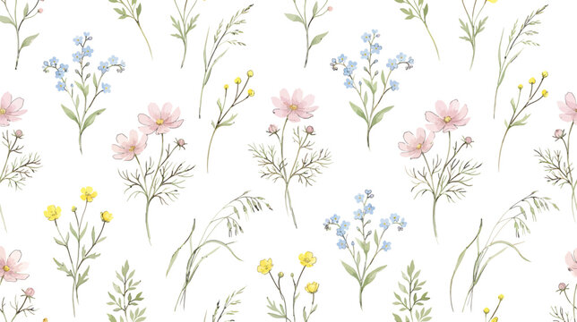 Watercolor wildflower pattern with delicate pink blue and yellow blossoms and green grass stems on white background
