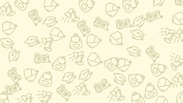 Graduation caps, alarm clocks, backpacks, desk lamps in an educationthemed pattern. Suitable for designs for school supplies, art, or stationary.