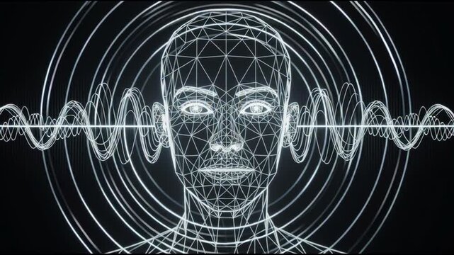 Wireframe human face with sound waves.