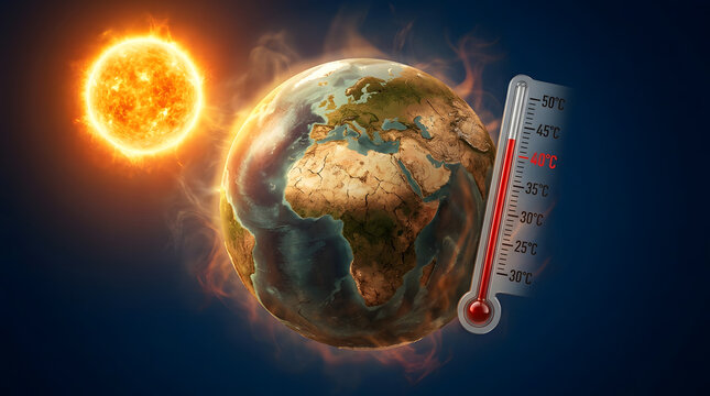 Earth overheating with sun and thermometer showing high temperature.