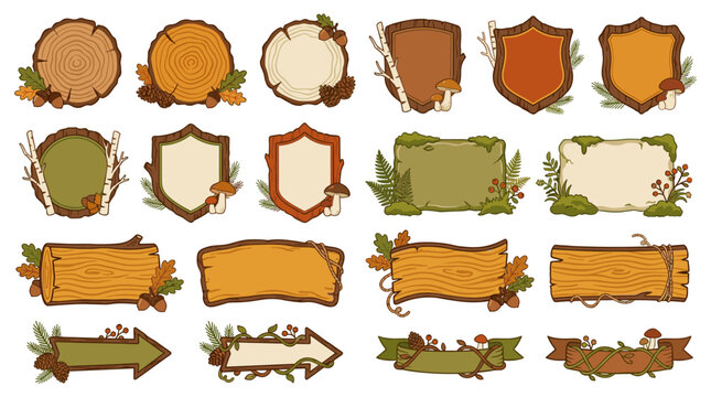 Pixel art frames and banners with natural autumn elements like leaves, mushrooms and vines, rustic wooden textures, and organic shapes