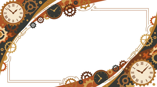 Steampunk clockwork frame with gears and clock faces, ornate border for invitations or vintage design, industrial elements, time theme, sepia tones