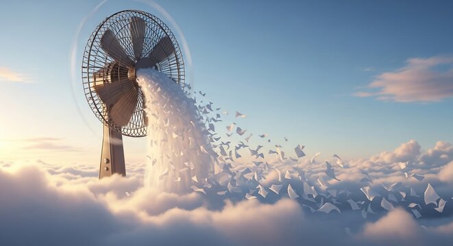 Fan blowing papers in sky