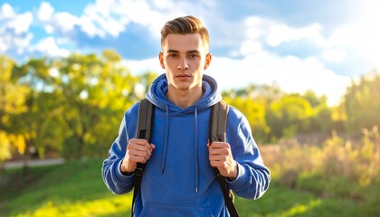 Fototapeta premium A confident student wearing a blue hoodie holds a backpack against a bright natural background outdoors.
