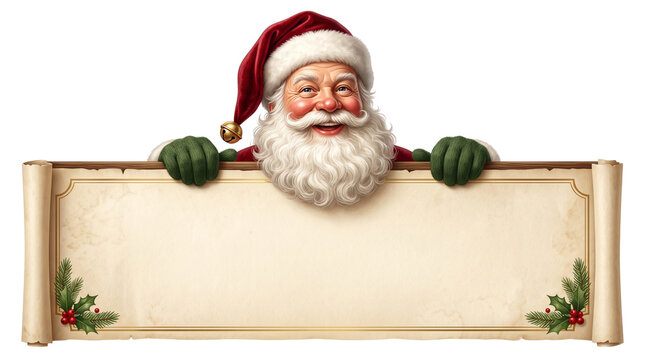 Vintage Santa Claus holding blank parchment scroll, traditional Christmas character with empty paper banner, festive holiday announcement template isolated PNG with Transparent Background