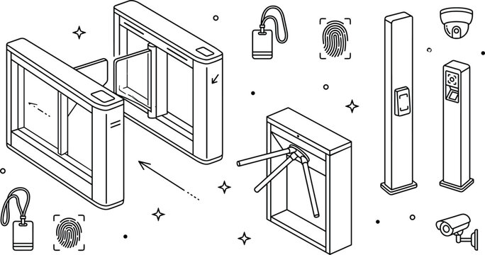Isometric Security Turnstile Gate Line Art Icon Set with Tripod Barrier Electronic Flap Gates CCTV Camera Fingerprint ID and ID Badge Symbols