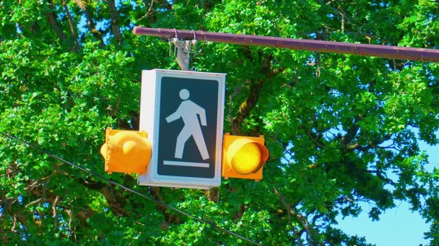 Pedestrian crossing sign with flashing amber safety beacons