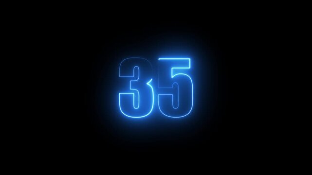 Abstract glowing neon text 35 number countdown icon. Glowing sign on black background Neon number 35 with alpha channel, simple blue neon color. Seamless loop style animation
