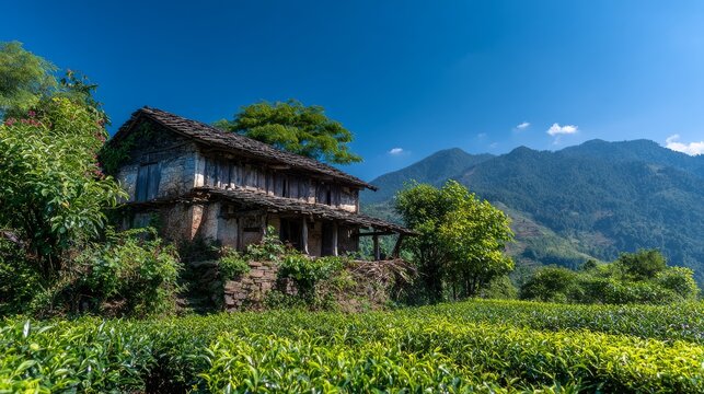 58.06011247 58 Old traditional house overlooking tea gardens in Ceceva village, vivid green tea plants, mountain countryside, blue sky backdrop, serene rural environment