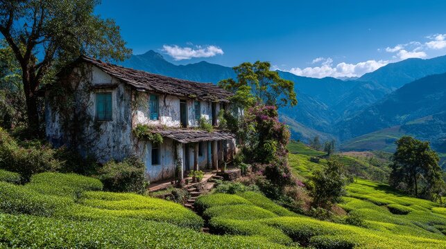 58.06011247 58 Old traditional house overlooking tea gardens in Ceceva village, vivid green tea plants, mountain countryside, blue sky backdrop, serene rural environment