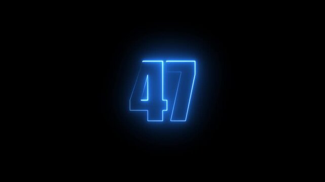Abstract glowing neon text 47 number countdown icon. Glowing sign on black background Neon number 47 with alpha channel, simple blue neon color. Seamless loop style animation