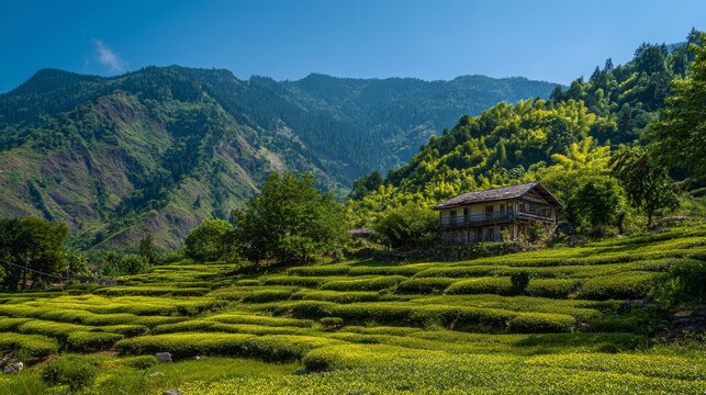 59.06011247 59 Tea garden landscape with traditional house in Rize province, vibrant green terraces, sunny weather, blue sky, calm village life atmosphere