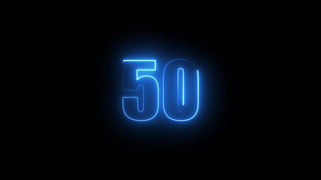 Abstract glowing neon text 50 number countdown icon. Glowing sign on black background Neon number 50 with alpha channel, simple blue neon color. Seamless loop style animation