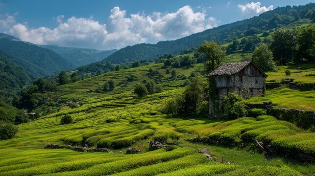 59.06011247 59 Tea garden landscape with traditional house in Rize province, vibrant green terraces, sunny weather, blue sky, calm village life atmosphere