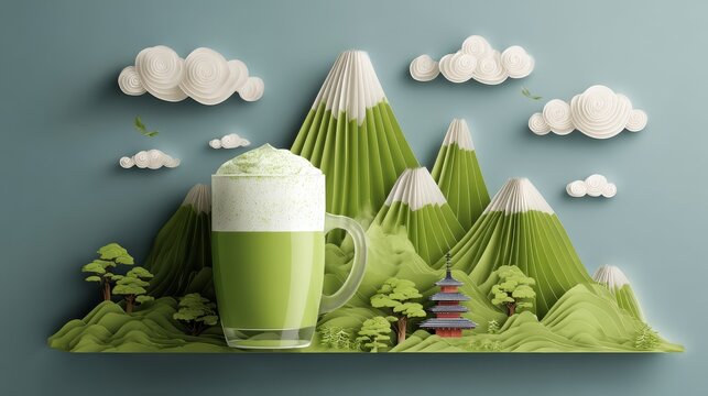 61.06011247 61 Concept = Japanese matcha latte ad in 3d illustration, tea glass cup set on minimal paper cut mountain background, Translation: Matcha Latte