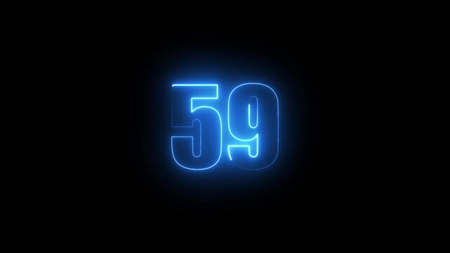 Abstract glowing neon text 59 number countdown icon. Glowing sign on black background Neon number 59 with alpha channel, simple blue neon color. Seamless loop style animation
