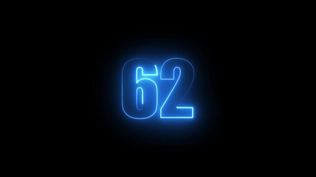 Abstract glowing neon text 62 number countdown icon. Glowing sign on black background Neon number 62 with alpha channel, simple blue neon color. Seamless loop style animation