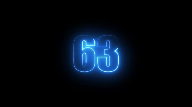Abstract glowing neon text 63 number countdown icon. Glowing sign on black background Neon number 63 with alpha channel, simple blue neon color. Seamless loop style animation