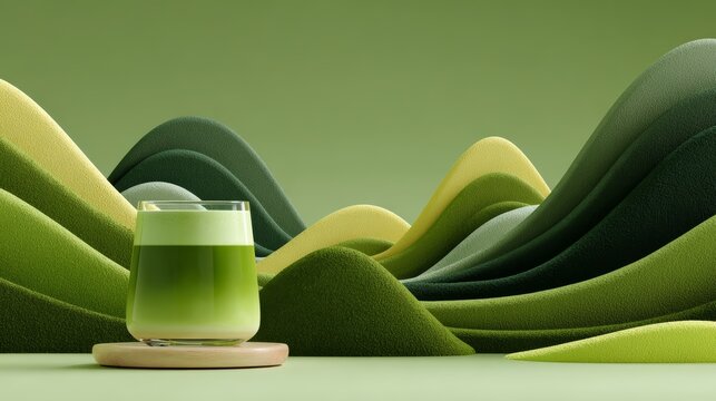 64.06011247 64 Modern matcha latte advertisement scene with glass tea cup, vivid green matcha drink, paper cut mountain backdrop with smooth curves, gentle gradients, high detail 3d illustration,