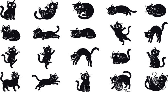 Black cats set, sitting, standing, walking, sleeping silhouette