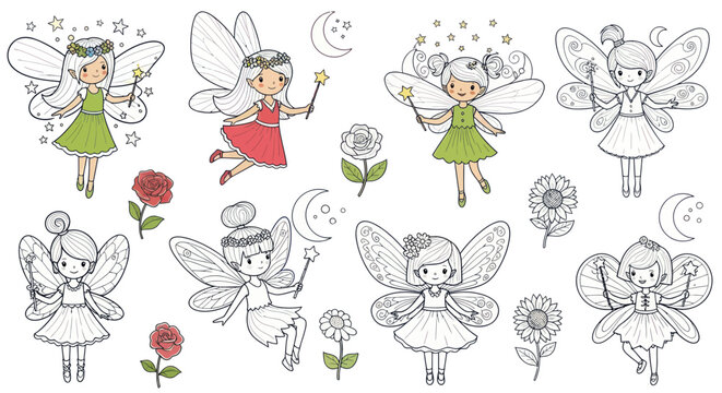 Magical forest fairies with wings and wands coloring set