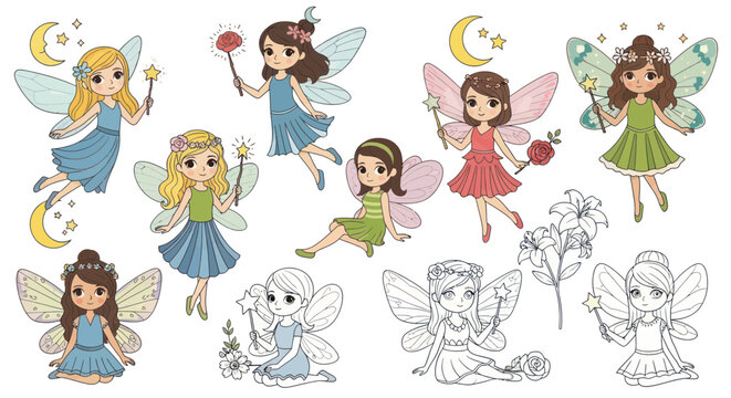 Magical little fairies with wings and wands in soft pastel colors