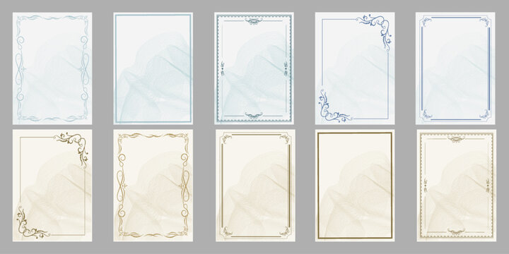 Certificate border template set. Ten vertical portrait elegant frames with classic blue and gold ornamental flourishes. Minimalist vector background layouts for diploma, award, or stationary.