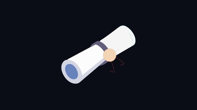 Rolled graduation certificate diploma with ribbon, simple motion illustration