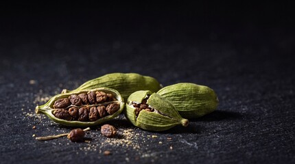 Fresh green cardamom pods cracked open revealing seeds on dark stone surface macro © Arif