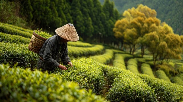 82.06011247 82 Close view of woman collecting green tea leaves in mountain tea garden, rows of tea plants, bright spring colors, calm rural scenery, sustainable farming theme